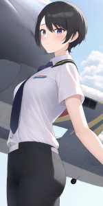 girl, very short hair, pilot uniform, white shirt, short sleeves, necktie, long black pants, standing, aircraft, full view s-638918533.png
